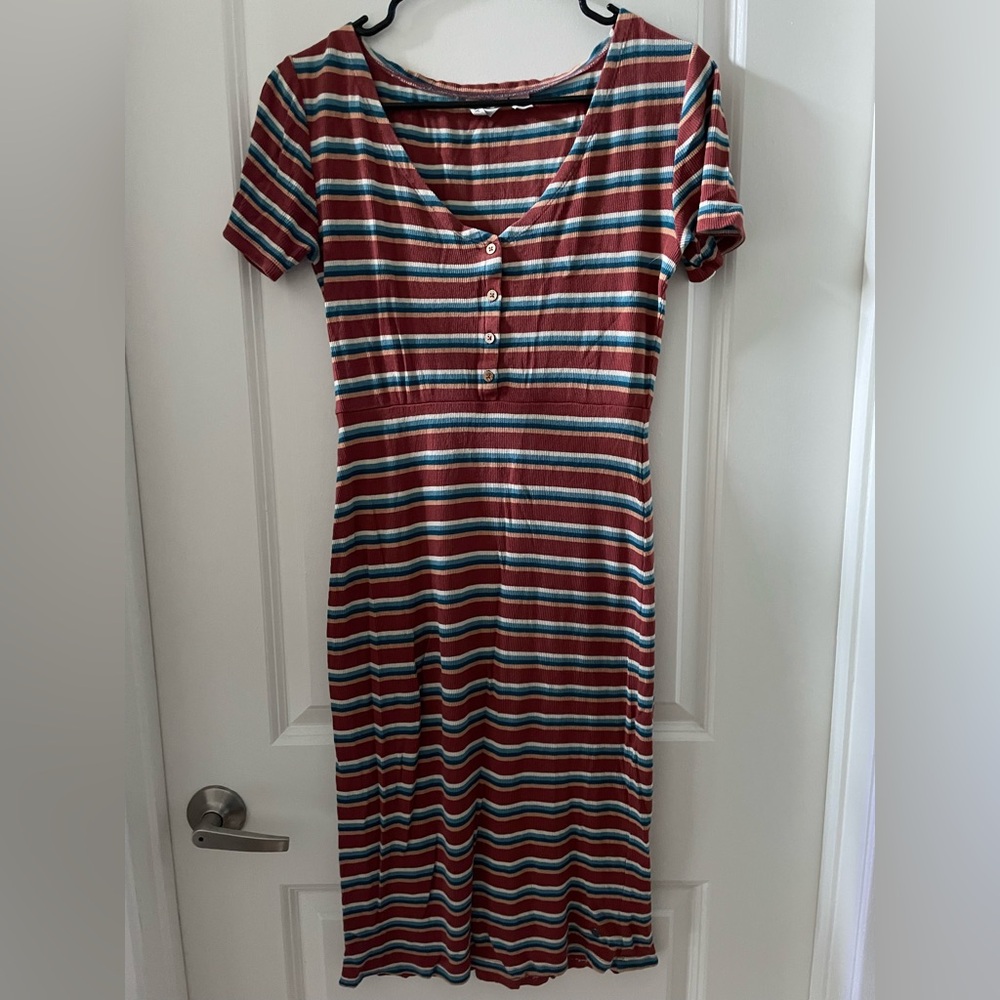 Roxy Burgundy and Teal Striped Midi Dress